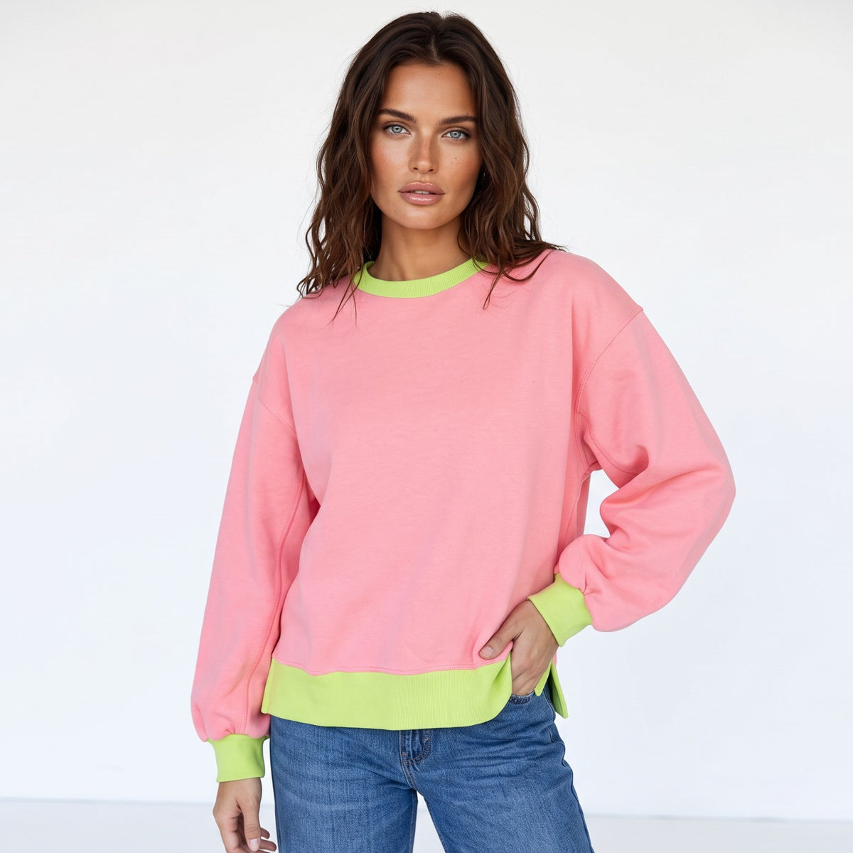 Pink bubble sleeve color block sweatshirt