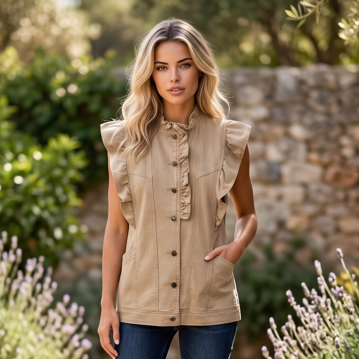 Veste sans manches en jean beige à volants et patchwork