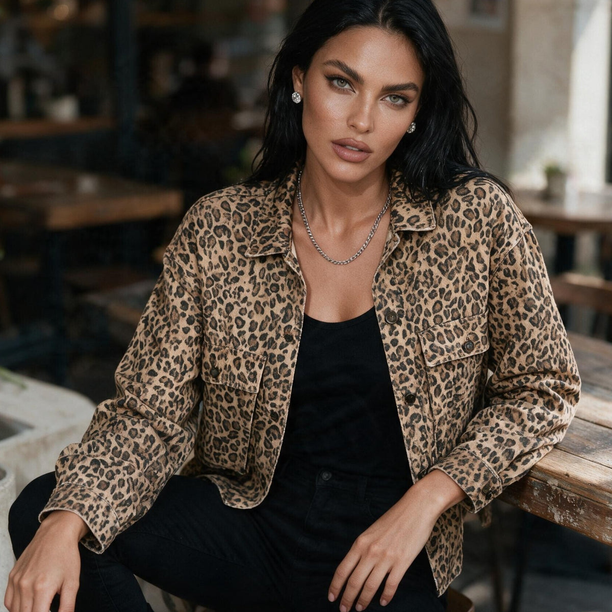 Veste en jean beige imprimé léopard à poches plaquées en coton