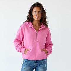 Bonbon Fleece Lined Loose Fit Half Zip Hoodie with Kangaroo Pockets