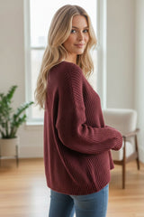 Pull à col V doux et chaud Bordeaux
