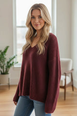 Pull à col V doux et chaud Bordeaux