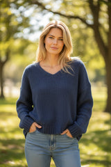 Pull à col V doux et chaud Bleu marine