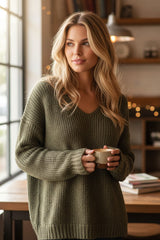 Pull à col V doux et chaud Vert Kaki clair