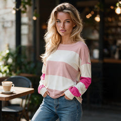 Haut femme rose à larges rayures et épaules tombantes