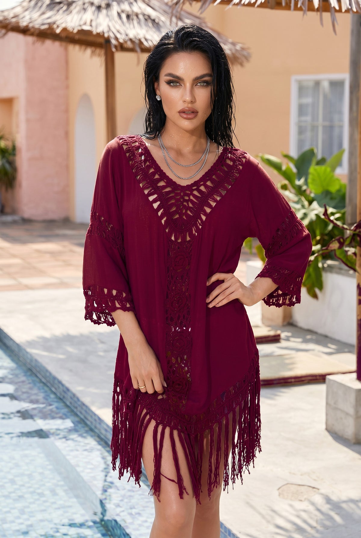 ✨ BOHEMIAN GLOW – The red wine flowing dress with refined crochet details