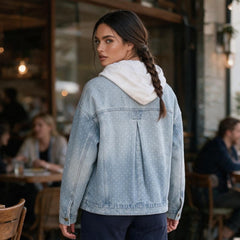 Veste en jean bleu ciel à pois et poches plaquées