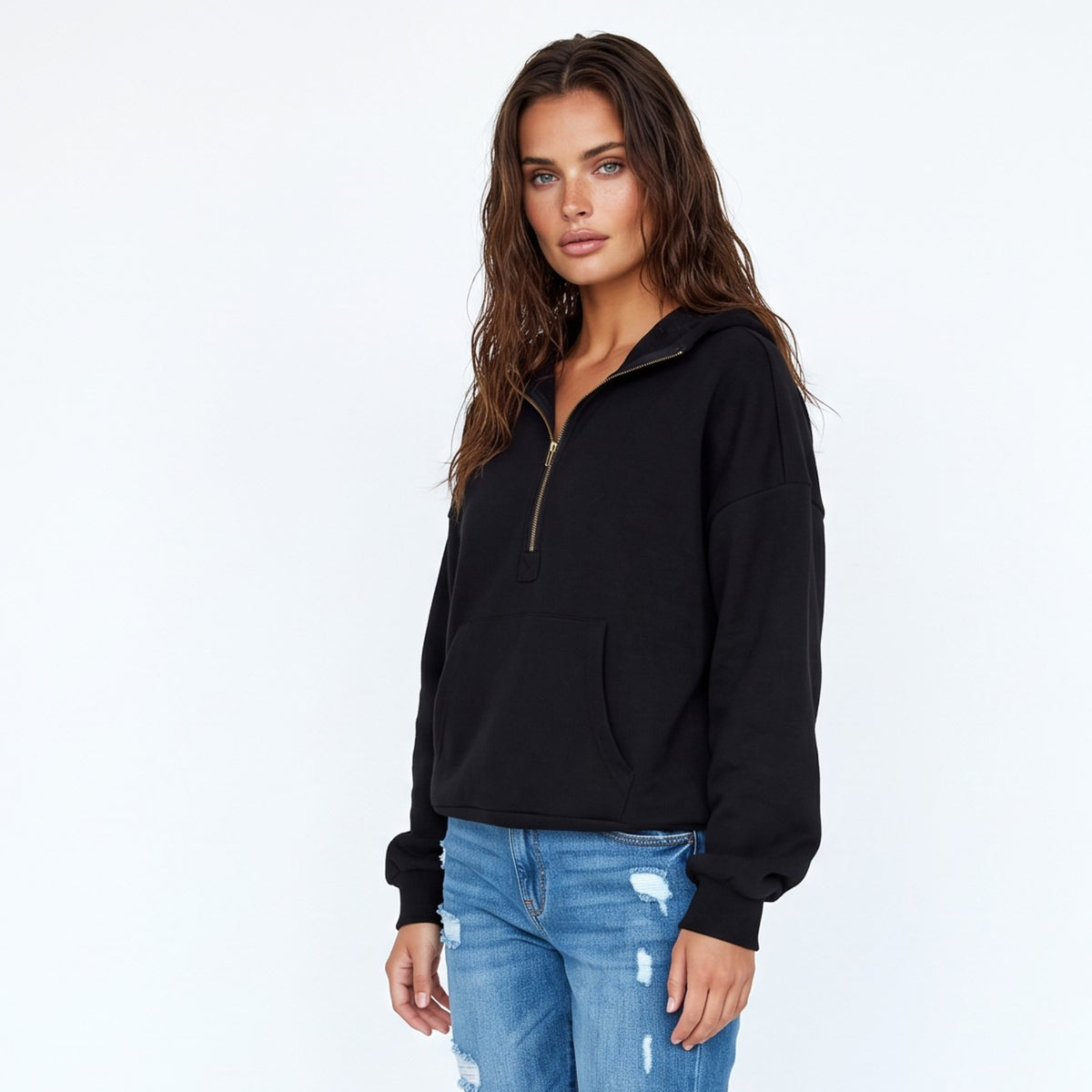 Sweat à capuche noir doublé en polaire, demi-zip et poche kangourou