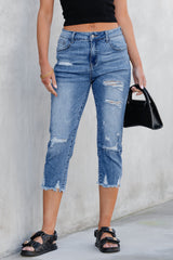 Jean capri skinny bleu ciel délavé à déchirures