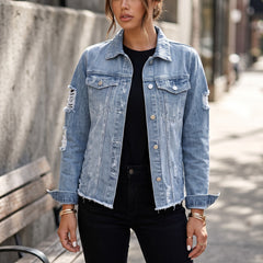 Sky blue denim jacket with reverse and raw hem*