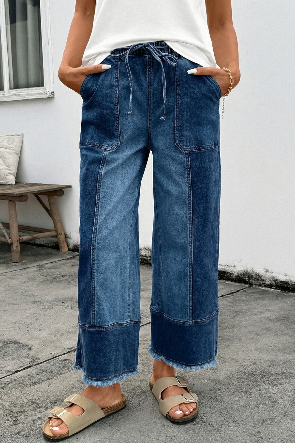 Pantalon en jean tendance à jambes larges et taille élastiquée bleu