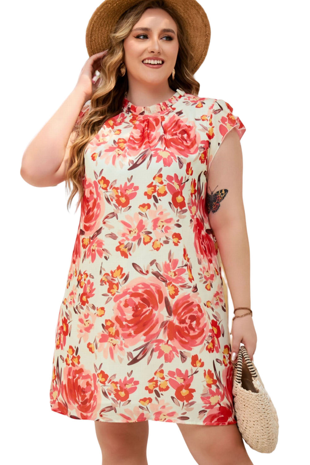 Fiery Red Plus Size Frilled Neck Ruffle Sleeveless Floral Dress