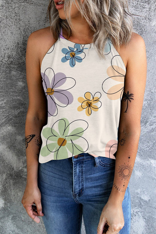 Camiseta sin mangas con estampado floral dulce en beige