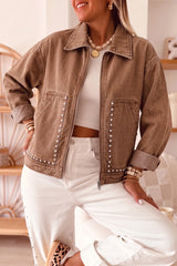 Beau Blue Studded Metal Zipper Rivet Pockets Long Sleeve Denim Jacket