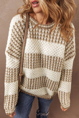 Brown loose sweater with stripes and dropped shoulders, round neck