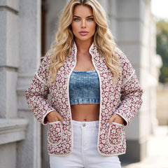 Rose -collar pink jacket with contrasting pockets and edges with floral print