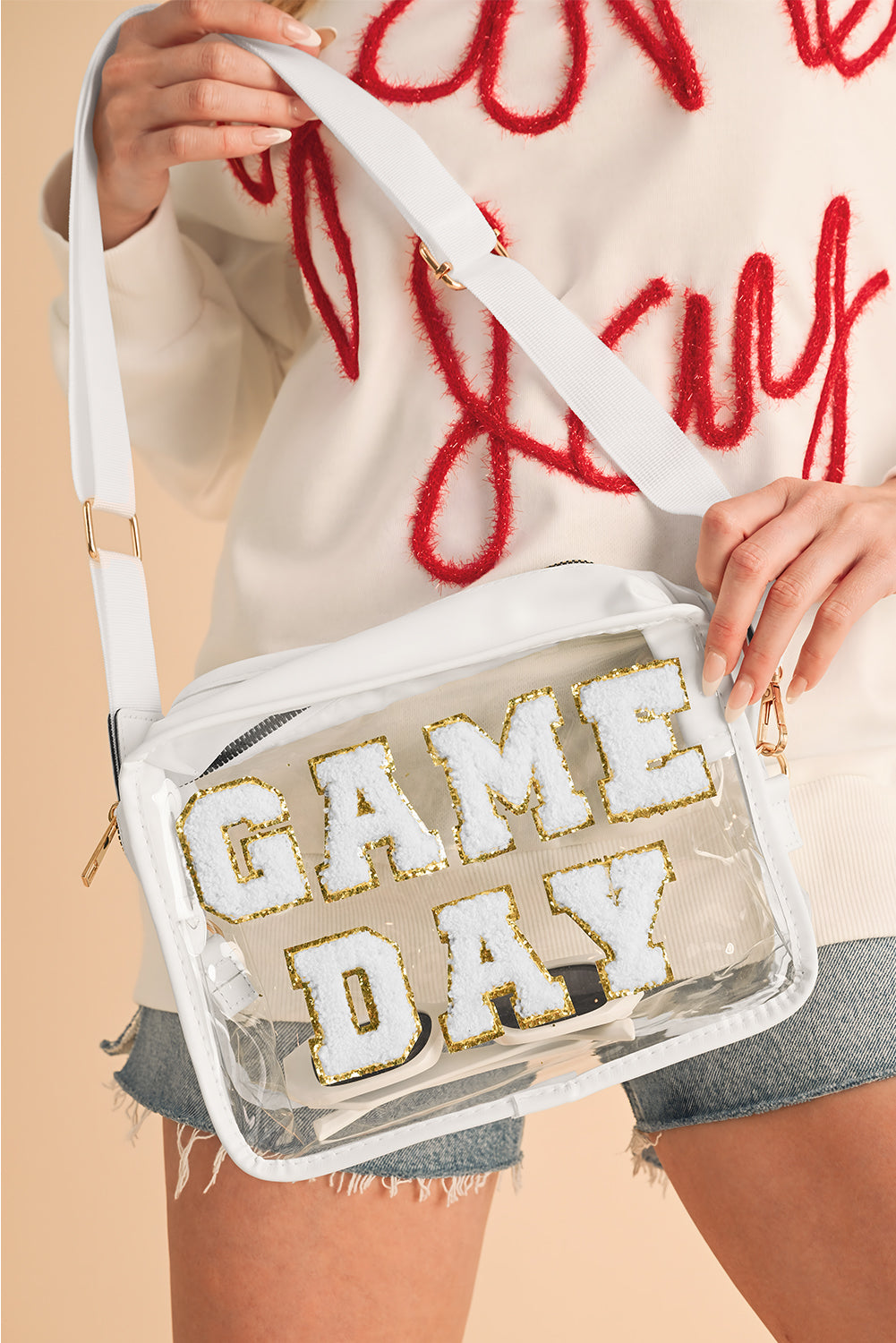 Sac transparent GAME DAY à lettres chenille pailletées et sangle réglable