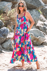 Robe longue évasée sans manches à taille haute à fleurs bleu foncé