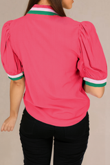 Short -sleeved blouse and V -neck with colorful carrot border