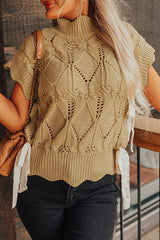 Pull à col haut en tricot ajouré beige clair à bordure festonnée