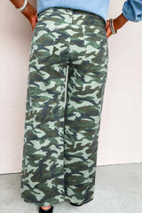 Pantalon en denim vert à imprimé camouflage, jambe large et cordon de serrage