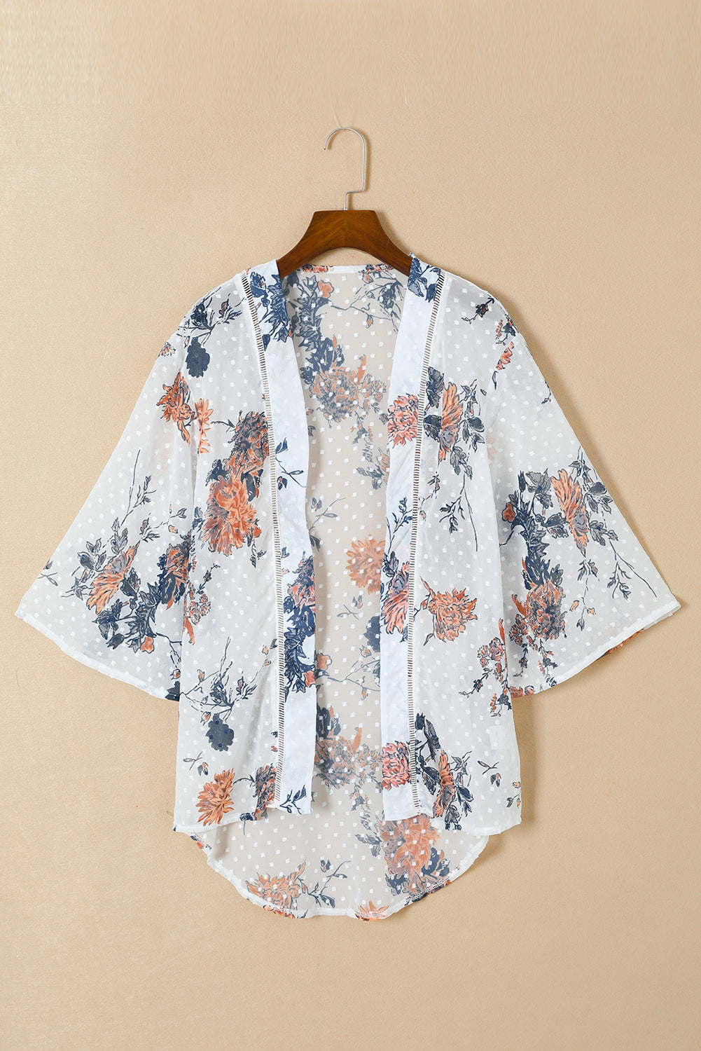 White Floral Print Open Front Bell Sleeve kimono