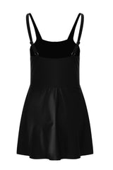 Robe de bain une pièce noire à taille nouée sur le côté, col carré, bretelles réglables, ligne A