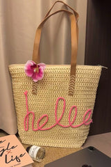 Sac cabas beige bohème HELLO à motif crochet et fleur amovible