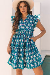 Robe bleue à imprimé floral rétro, col fendu, volants, manches courtes