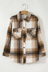 Buttoned jacket with flap pocket and multi-colored plaid print