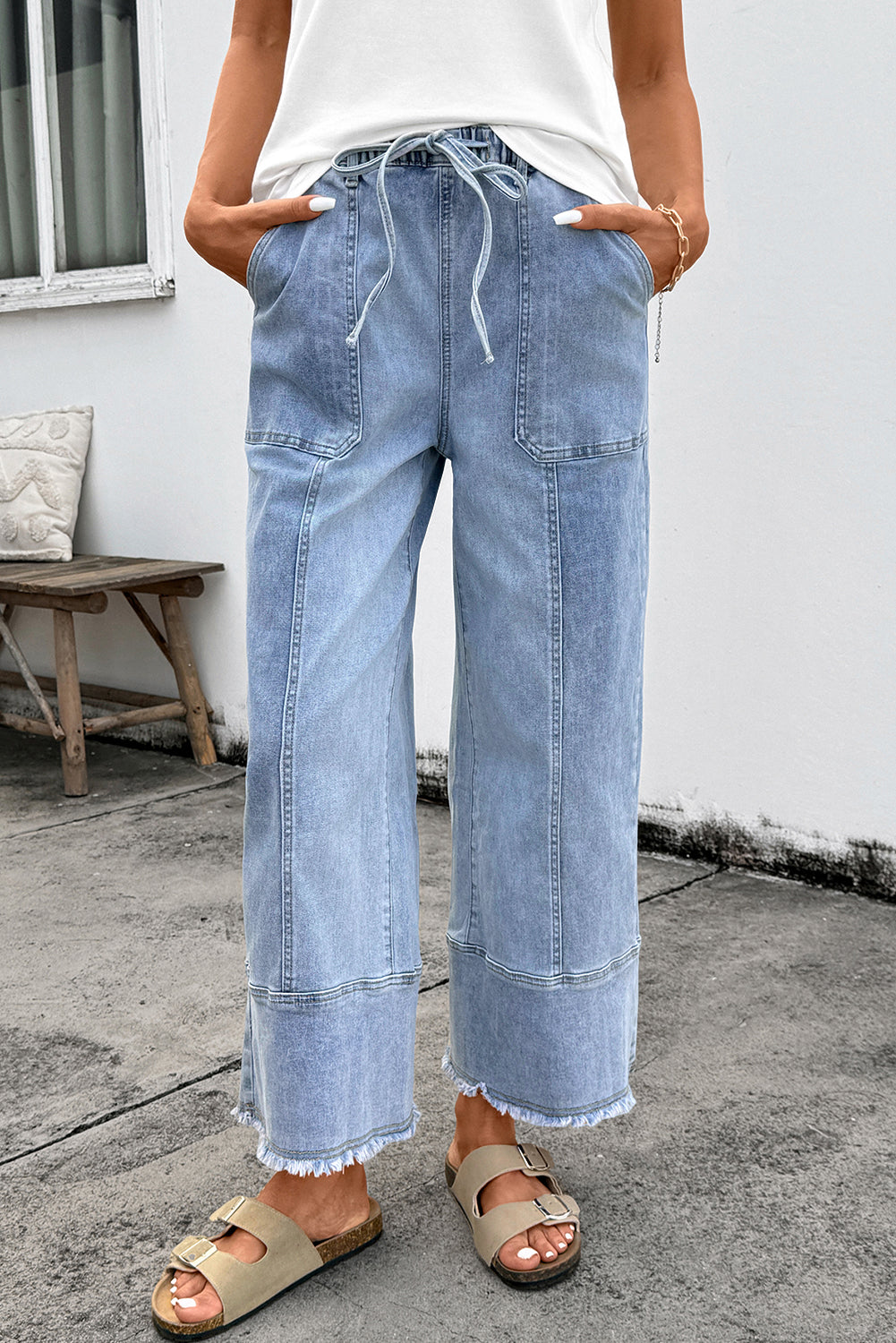 Pantalon en jean tendance à jambes larges et taille élastiquée