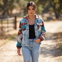 Multicolored denim jacket with aztec print *