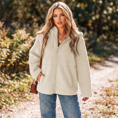 Beige fleece jacket with zipper and drawstring and hooded pockets