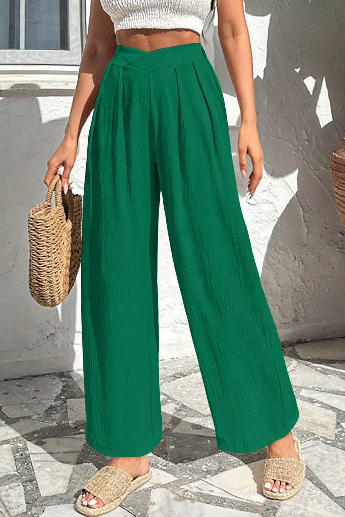Pantalon ample texturé de couleur unie Evergreen à taille croisée