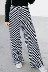 Pantalon décontracté à damier blanc avec cordon de serrage à la taille