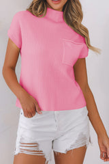 Pink sweater with short sleeve in ribbed knitting *