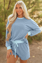 Ensemble pull à manches longues et short en damier bleu ciel