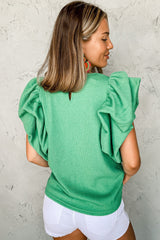 Blouse verte en tricot côtelé à manches bouffantes à volants-A WOMAN WE LOVE