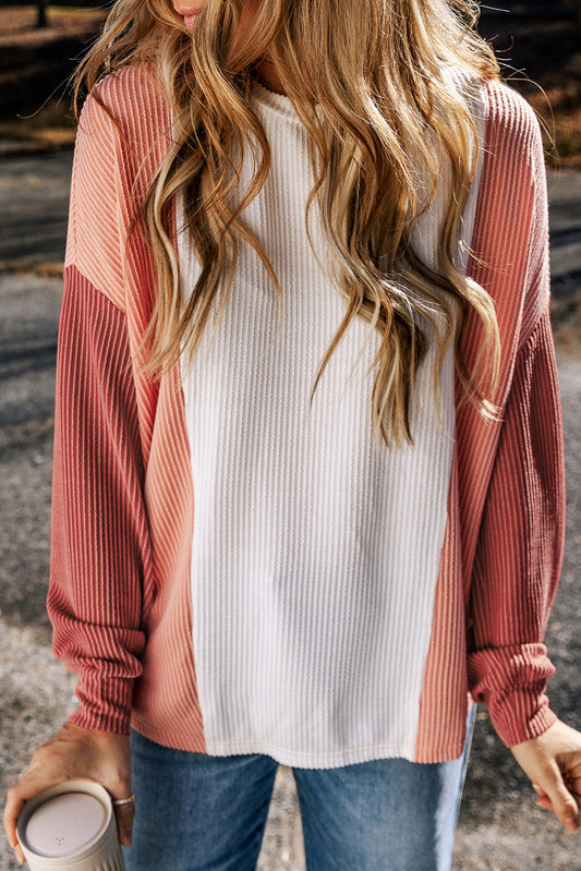Pale Chestnut Color Block Corded Long Sleeve Top