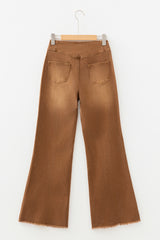 Jean évasé taille haute avec braguette boutonnée et ourlet brut cousu café