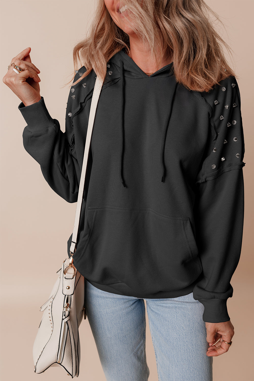 Black Raglan Sleeve Solid Color Rivets Hoodie with Pocket