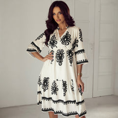 Beige Vestido completo del mediodía con estampado geométrico occidental y mangas 3/4