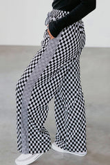 Pantalon décontracté à damier blanc avec cordon de serrage à la taille