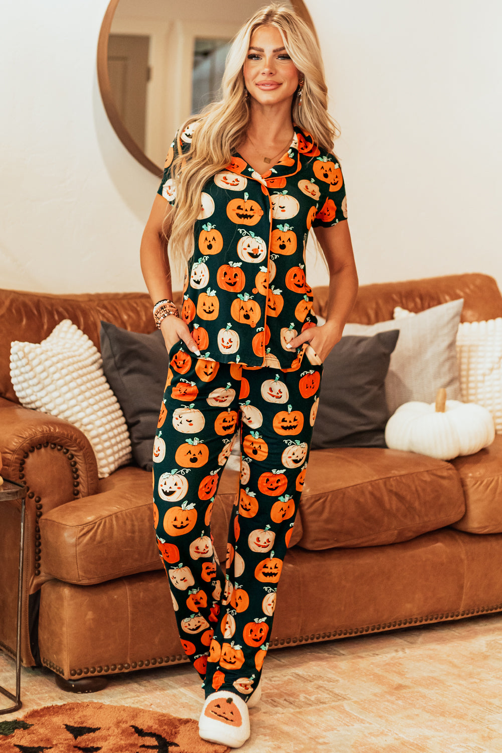 Ensemble pyjama chemise à manches courtes à motif d'Halloween orange-A WOMAN WE LOVE