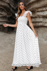 Long White Smocked Dress with Pois *