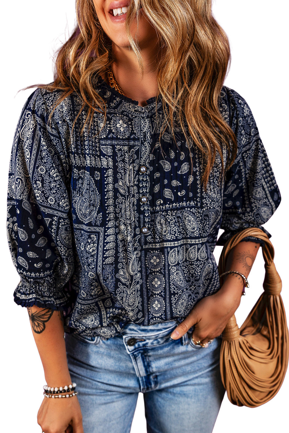 Chemisier bleu marine vintage Boho Paisley imprimé à manches 3/4-A WOMAN WE LOVE