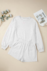 Ensemble court 2 pièces pull à manches bouffantes avec nœud girly gris clair et détails brodés