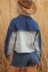 Veste courte en jean bleu patchwork à ourlet brut