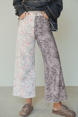 Jean large multicolore à patchwork floral et léopard, bords bruts