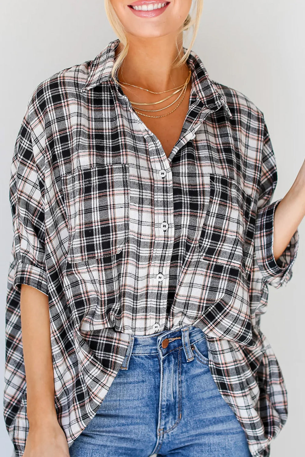 Chemise oversize noire à carreaux et poches poitrine-A WOMAN WE LOVE